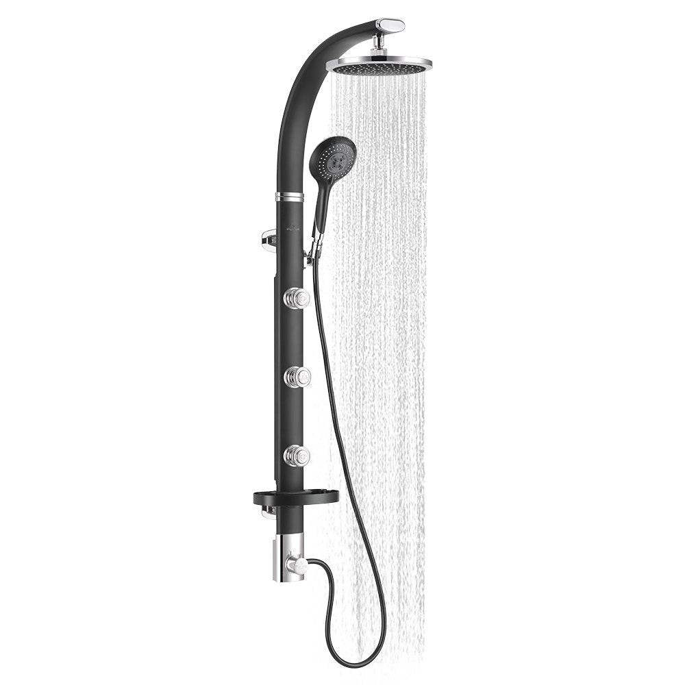 PULSE ShowerSpas 1017-B Bonzai Shower System with 8" Rain Showerhead, 3 Pulsating Body Spray Jets, 5-Function Hand Shower and Integral Shelf, Black Anodized Aluminum Body with Chrome Fixtures