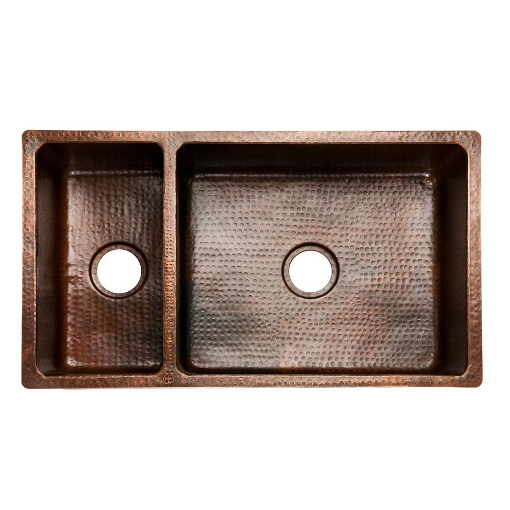 Premier Copper Products K25DB33199 33-Inch Hammered Copper Kitchen 25/75 Double Basin Sink, Oil Rubbed Bronze