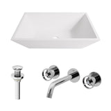 VIGO VGT2066 13.75" L -18.0" W -4.63" H Matte Stone Vinca Composite Rectangular Vessel Bathroom Sink in White with Wall-Mount Faucet and Pop-Up Drain in Chrome