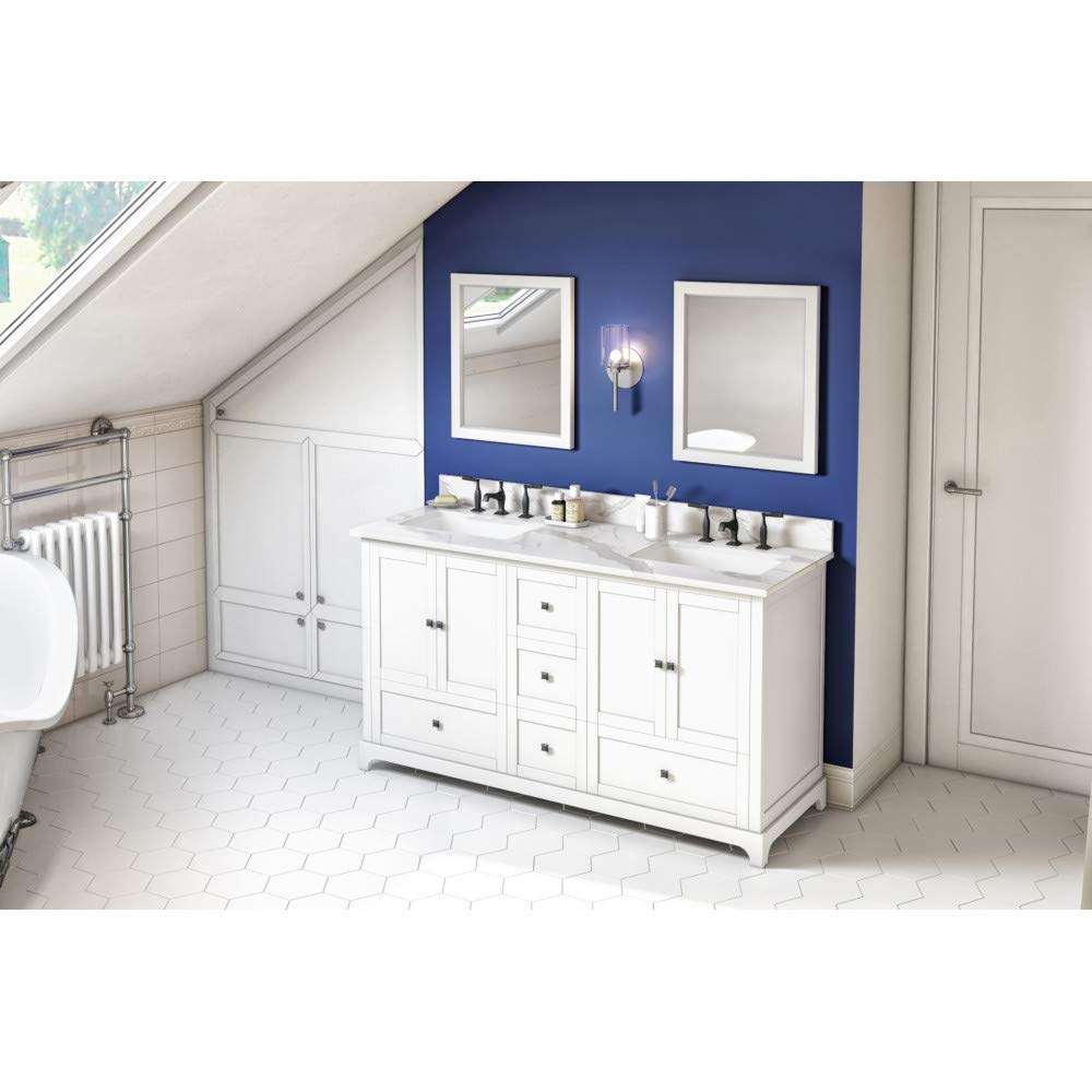 Jeffrey Alexander VKITADD60WHCQR 60" White Addington Vanity, double bowl, Calacatta Vienna Quartz Vanity Top, two undermount rectangle bowls