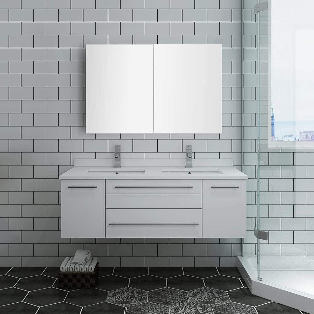 Fresca FVN6148WH-UNS-D Fresca Lucera 48" White Wall Hung Double Undermount Sink Modern Bathroom Vanity w/ Medicine Cabinet