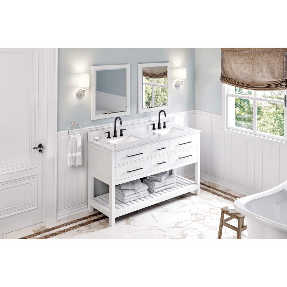 Jeffrey Alexander VKITWAV60WHWCR 60" White Wavecrest Vanity, double bowl, White Carrara Marble Vanity Top, two undermount rectangle bowls