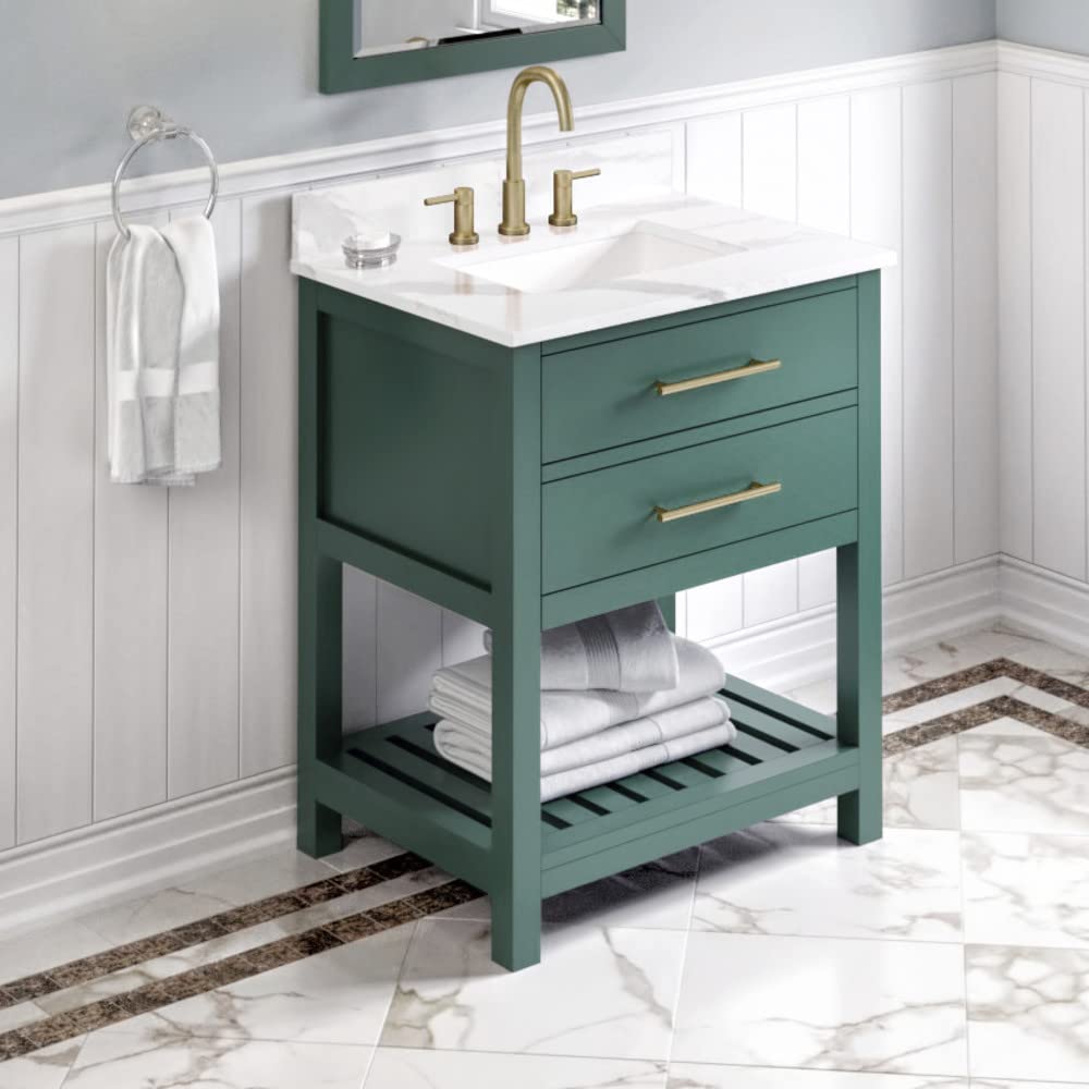 Jeffrey Alexander VKITWAV30GNCQR 30" Forest Green Wavecrest Vanity, Calacatta Vienna Quartz Vanity Top, undermount rectangle bowl