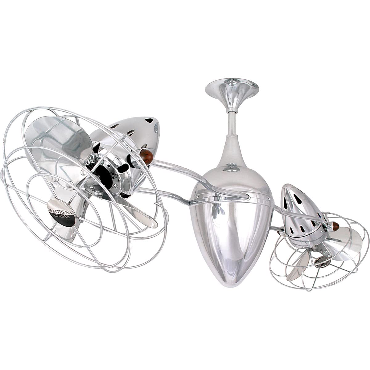 Matthews Fan AR-CR-MTL Ar Ruthiane 360° dual headed rotational ceiling fan in polished chrome finish with metal blades.