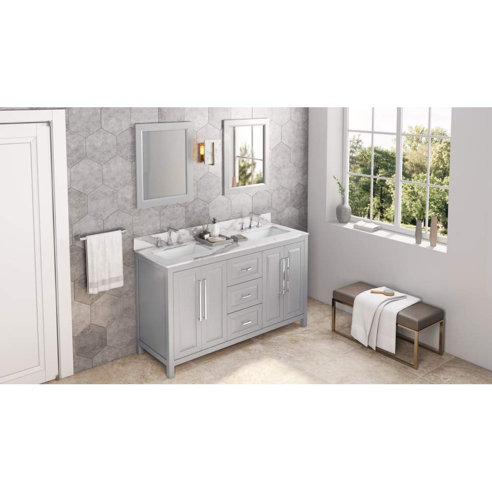 Jeffrey Alexander VKITCAD60GRCQR 60" Grey Cade Vanity, double bowl, Calacatta Vienna Quartz Vanity Top, undermount rectangle bowl