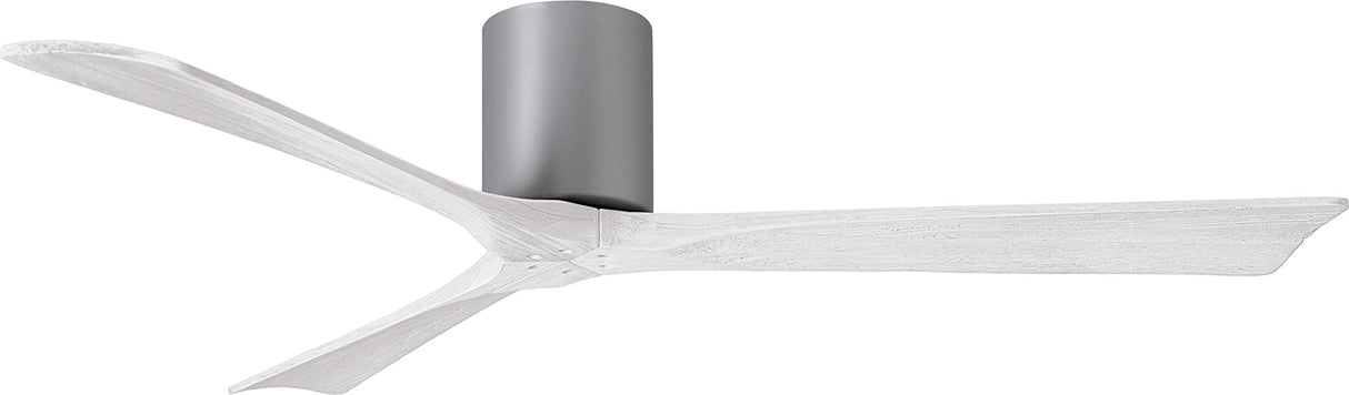 Matthews Fan IR3H-BN-MWH-60 Irene-3H three-blade flush mount paddle fan in Brushed Nickel finish with 60” solid matte white wood blades.