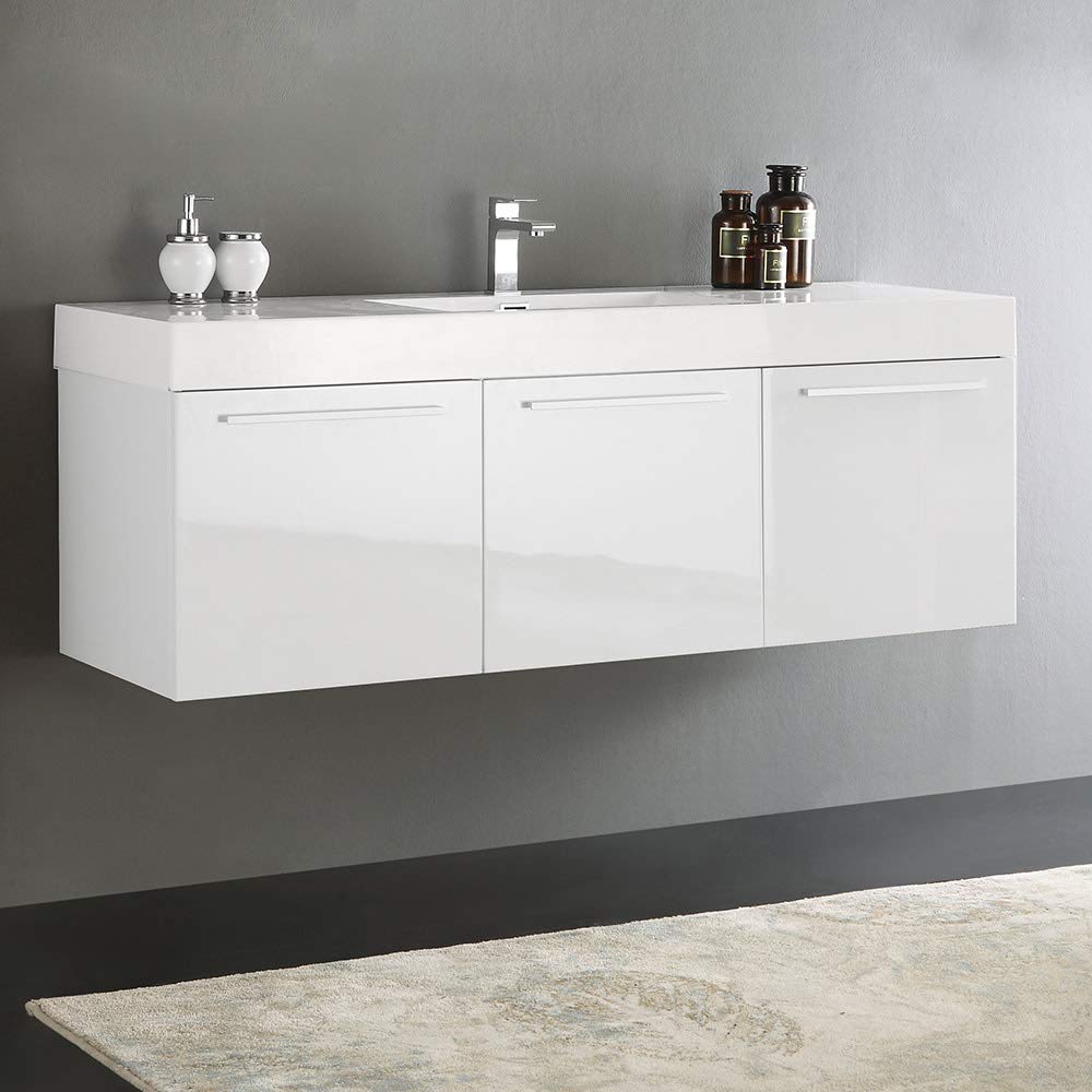 Fresca FCB8093WH-I Fresca Vista 60" White Wall Hung Single Sink Modern Bathroom Cabinet w/ Integrated Sink