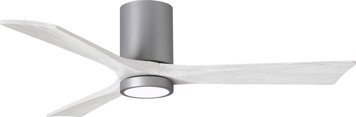 Matthews Fan IR3HLK-BN-MWH-52 Irene-3HLK three-blade flush mount paddle fan in Brushed Nickel finish with 52” solid matte white wood blades and integrated LED light kit.