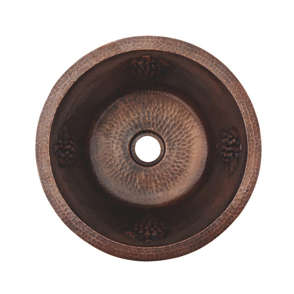 Premier Copper Products BR16GDB2 16-Inch Universal Round Hammered Copper with Grapes Bar Sink and 2-Inch Drain Size, Oil Rubbed Bronze