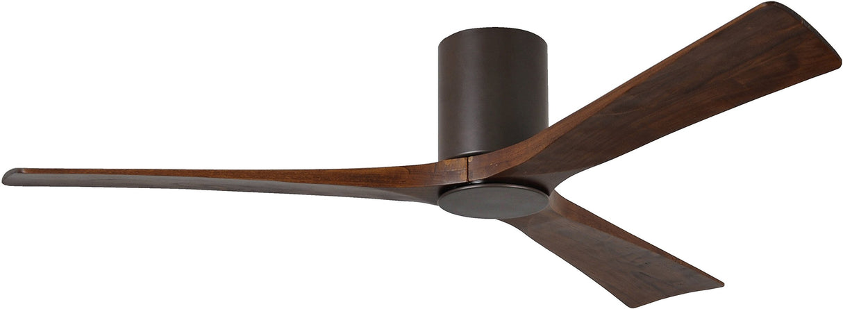 Matthews Fan IR3HLK-TB-WA-60 Irene-3HLK three-blade flush mount paddle fan in Textured Bronze finish with 60” solid walnut tone blades and integrated LED light kit.