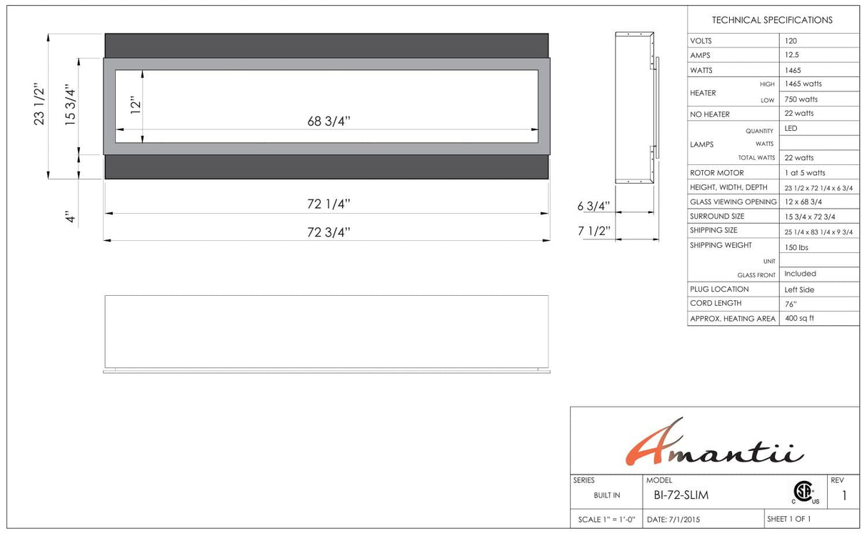 Amantii BI-72-SLIM-OD Panorama Slim Full View Smart Electric  - 72" Indoor /Outdoor WiFi Enabled Fireplace, featuring a MultiFunction Remote, Multi Speed Flame Motor, Glass Media & a Black Trim