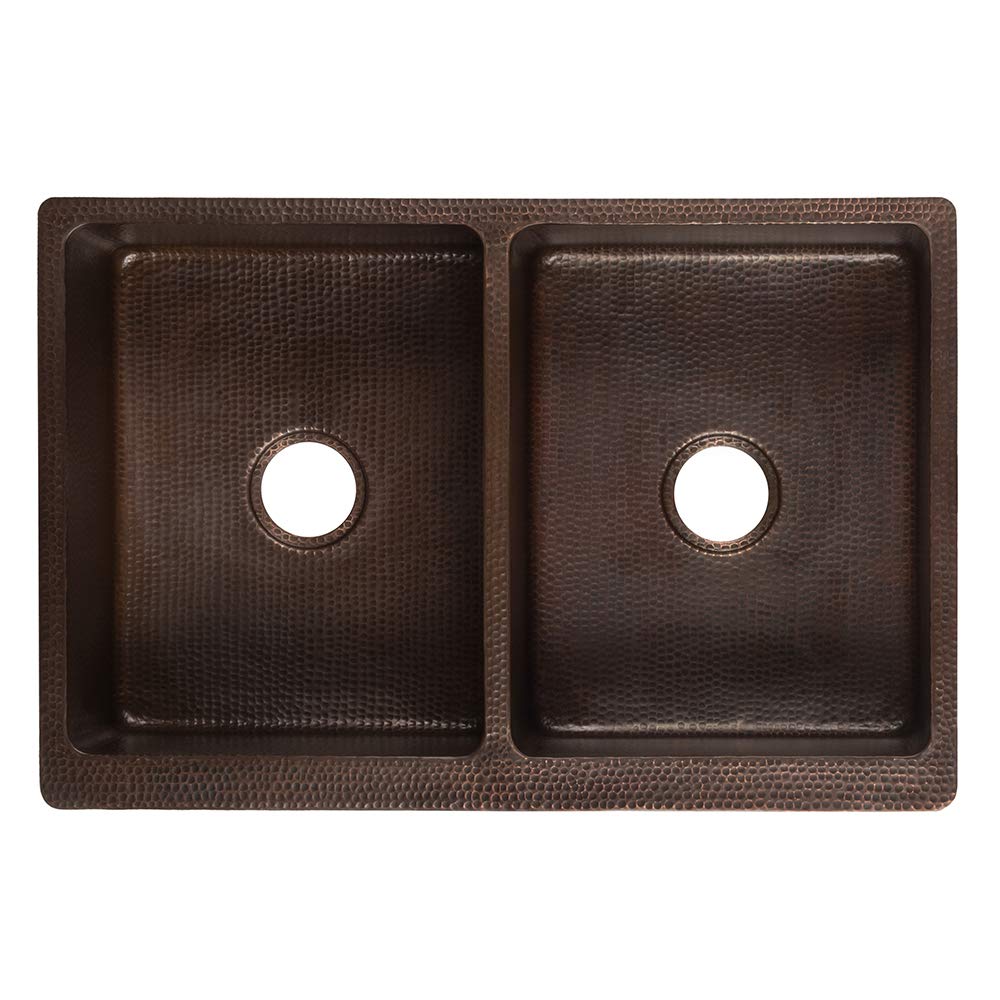 Premier Copper Products KA50DB33229S 33-Inch Hammered Copper Kitchen Apron 50/50 Double Basin Sink with Scroll Design, Oil Rubbed Bronze