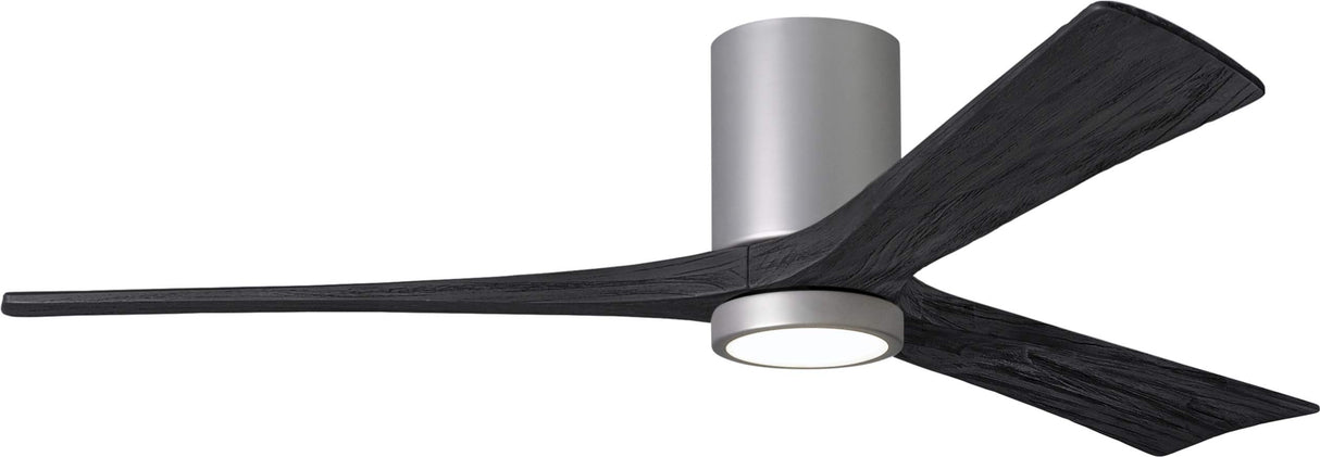 Matthews Fan IR3HLK-BN-BK-60 Irene-3HLK three-blade flush mount paddle fan in Brushed Nickel finish with 60” solid matte black wood blades and integrated LED light kit.