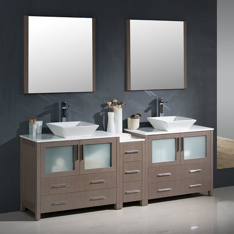 Fresca FVN62-361236GO-VSL Fresca Torino 84" Gray Oak Modern Double Sink Bathroom Vanity w/ Side Cabinet & Vessel Sinks