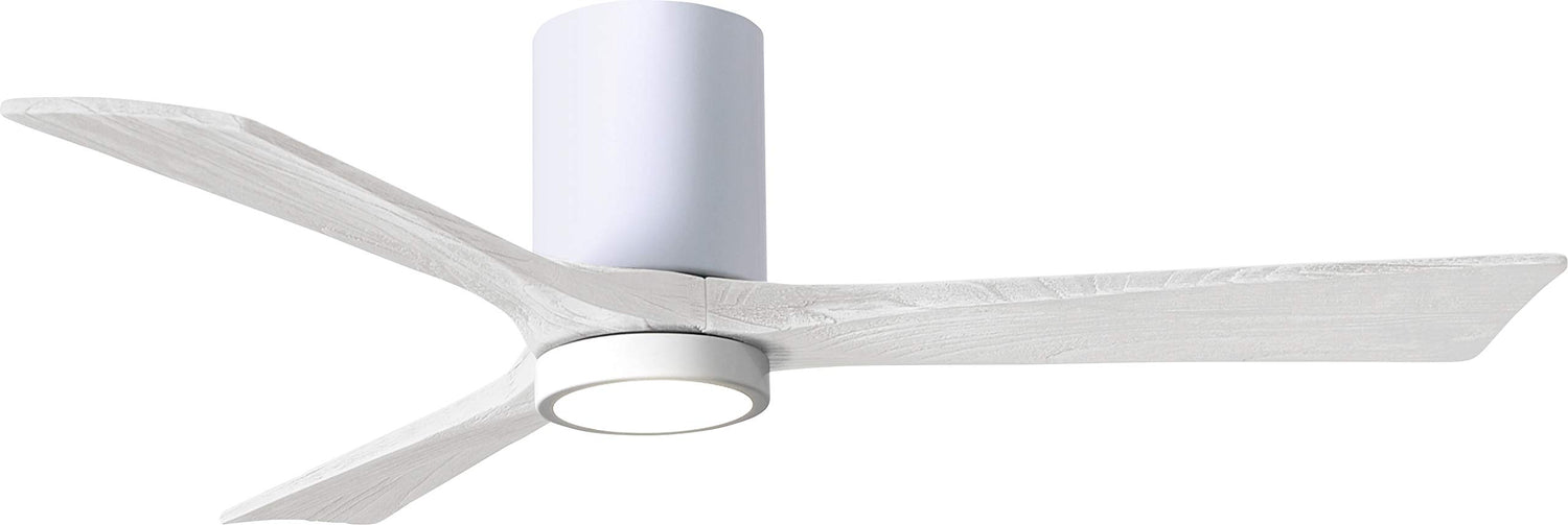 Matthews Fan IR3HLK-WH-MWH-52 Irene-3HLK three-blade flush mount paddle fan in Gloss White finish with 52” solid matte white wood blades and integrated LED light kit.