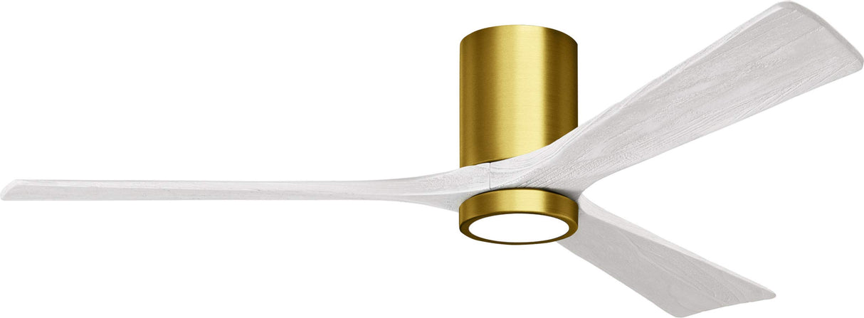 Matthews Fan IR3HLK-BRBR-MWH-60 Irene-3HLK three-blade flush mount paddle fan in Brushed Brass finish with 60” solid matte white wood blades and integrated LED light kit.