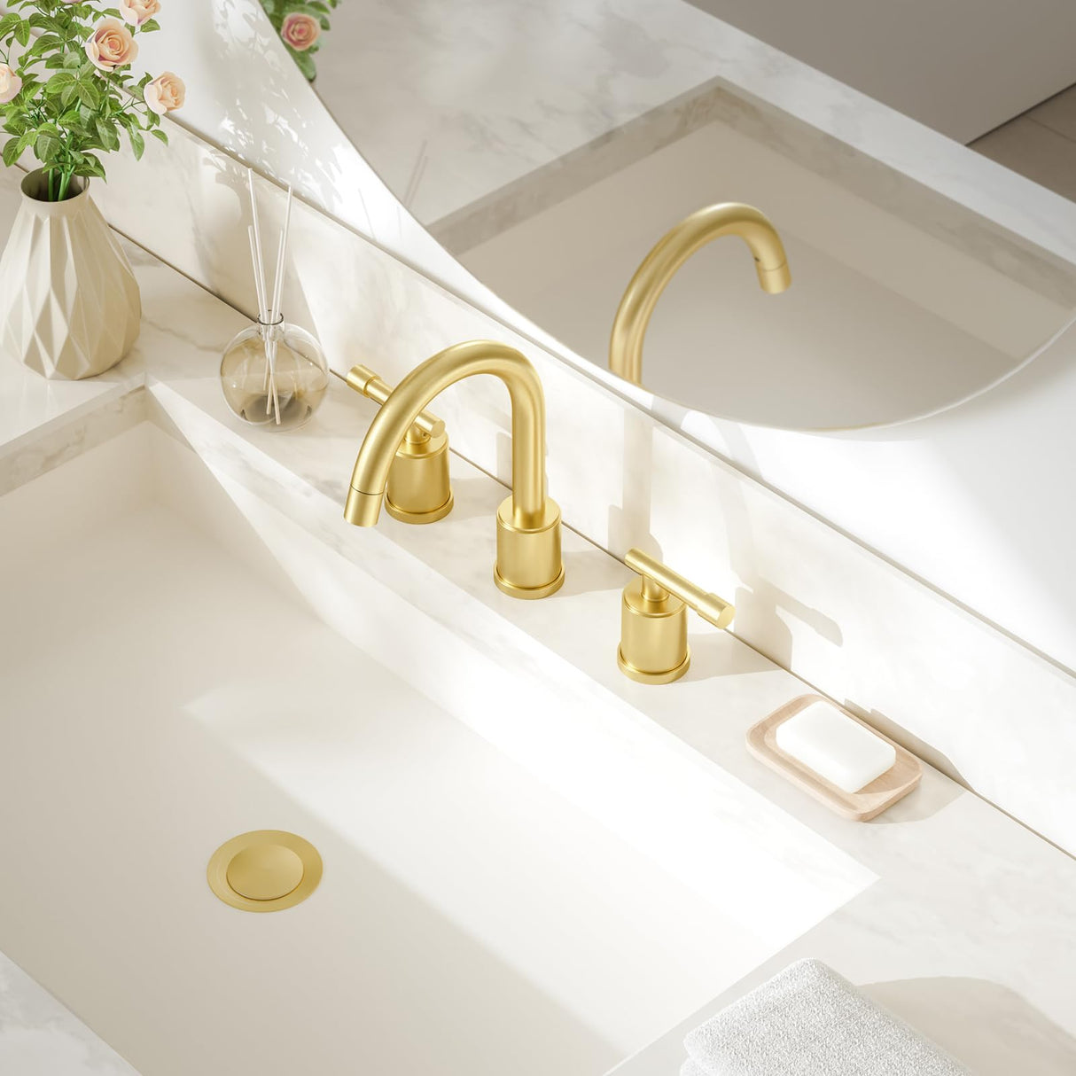 8-Inch Three-Hole Bathroom Faucet with Pull-Down Sprayer, Widespread Design, Metal Pop-Up Drain, Water Supply Lines, and Two Handles