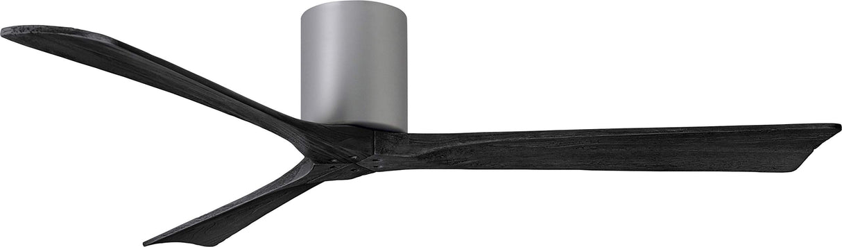 Matthews Fan IR3H-BN-BK-60 Irene-3H three-blade flush mount paddle fan in Brushed Nickel finish with 60” solid matte black wood blades.
