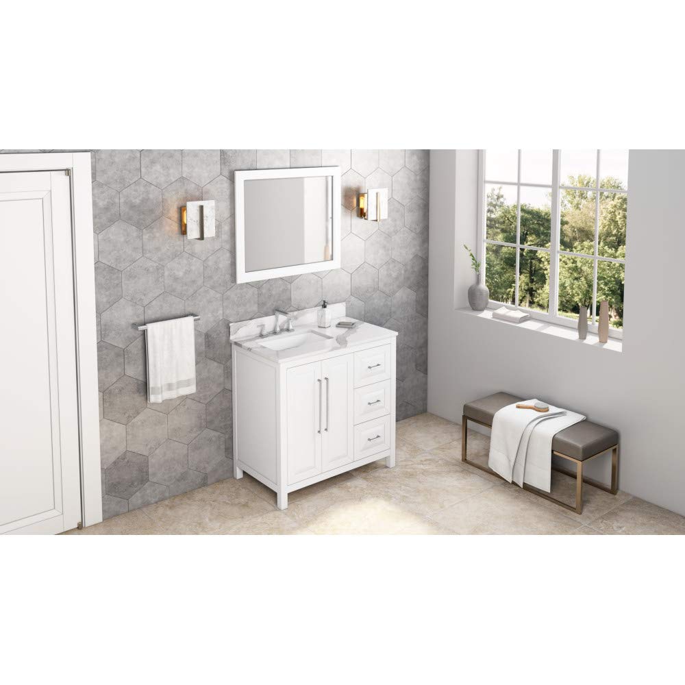 Jeffrey Alexander VKITCAD36WHCQR 36" White Cade Vanity, left offset, Calacatta Vienna Quartz Vanity Top, undermount rectangle bowl