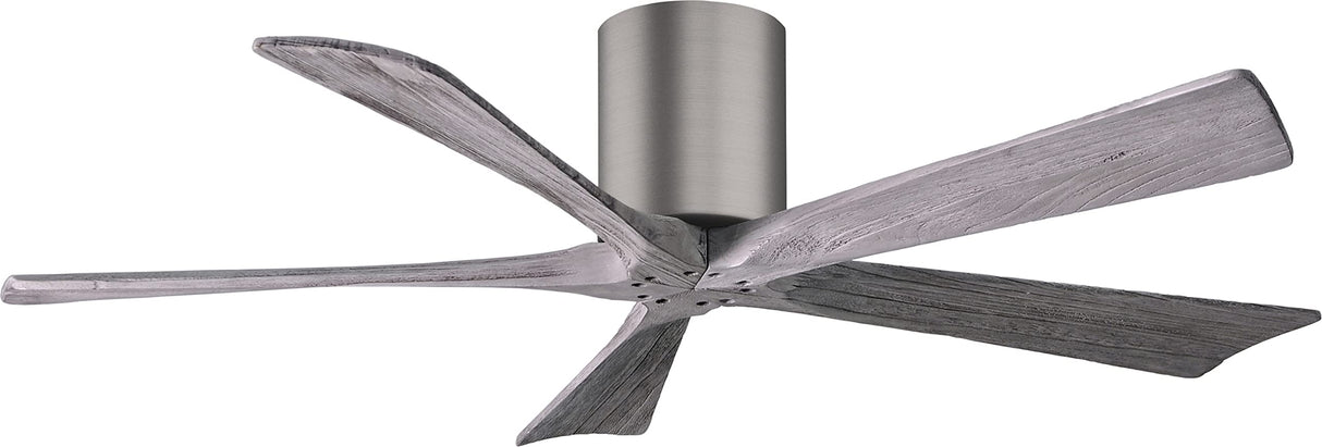 Matthews Fan IR5H-BP-BW-52 Irene-5H five-blade flush mount paddle fan in Brushed Pewter finish with 52” solid barn wood tone blades. 