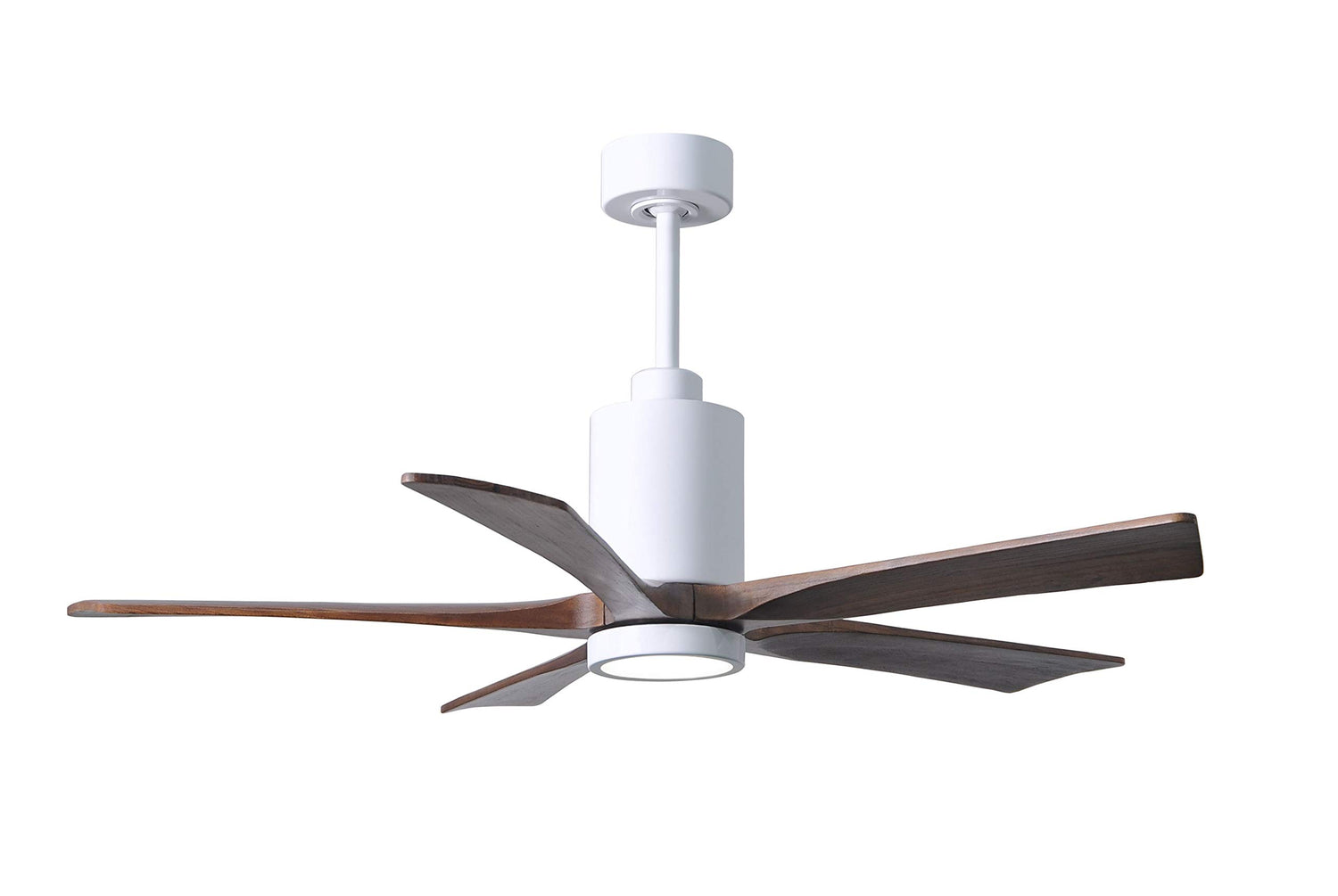 Matthews Fan PA5-WH-WA-52 Patricia-5 five-blade ceiling fan in Gloss White finish with 52” solid walnut tone blades and dimmable LED light kit