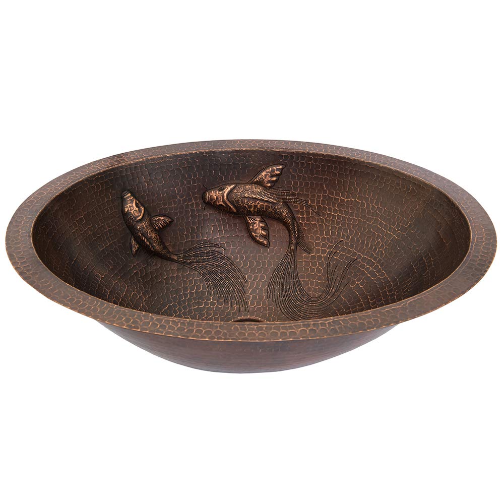 Premier Copper Products LO19FKOIDB 19-Inch Oval Under Counter Hammered Copper Bathroom Sink with Koi Fish Design