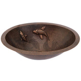 Premier Copper Products LO19FKOIDB 19-Inch Oval Under Counter Hammered Copper Bathroom Sink with Koi Fish Design