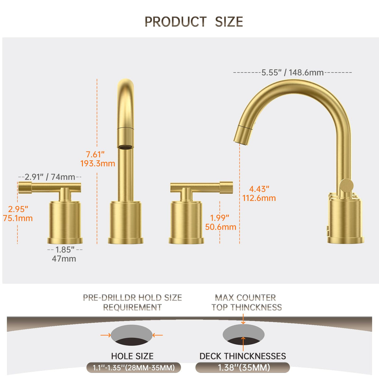 8-Inch Three-Hole Bathroom Faucet with Pull-Down Sprayer, Widespread Design, Metal Pop-Up Drain, Water Supply Lines, and Two Handles