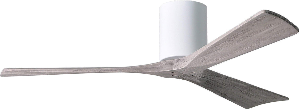 Matthews Fan IR3H-WH-BW-52 Irene-3H three-blade flush mount paddle fan in Gloss White finish with 52” solid barn wood tone blades.