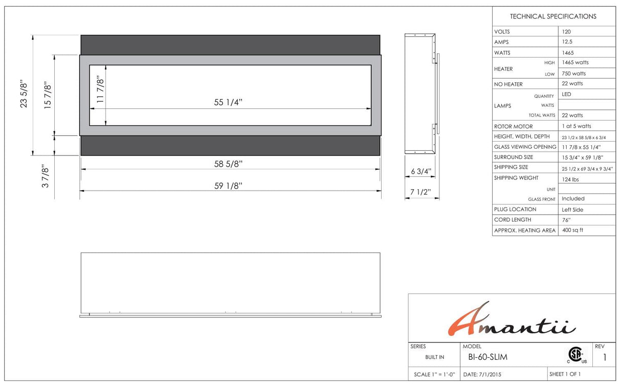 Amantii BI-60-SLIM-OD Panorama Slim Full View Smart Electric  - 60" Indoor /Outdoor WiFi Enabled Fireplace, featuring a MultiFunction Remote, Multi Speed Flame Motor, Glass Media & a Black Trim