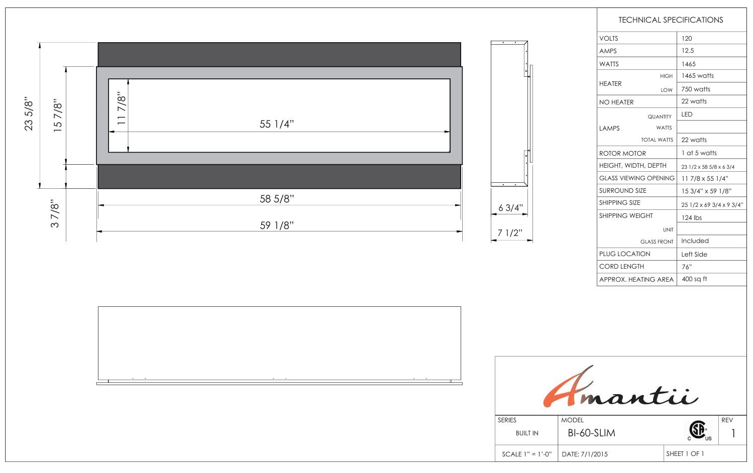 Amantii BI-60-SLIM-OD Panorama Slim Full View Smart Electric  - 60" Indoor /Outdoor WiFi Enabled Fireplace, featuring a MultiFunction Remote, Multi Speed Flame Motor, Glass Media & a Black Trim