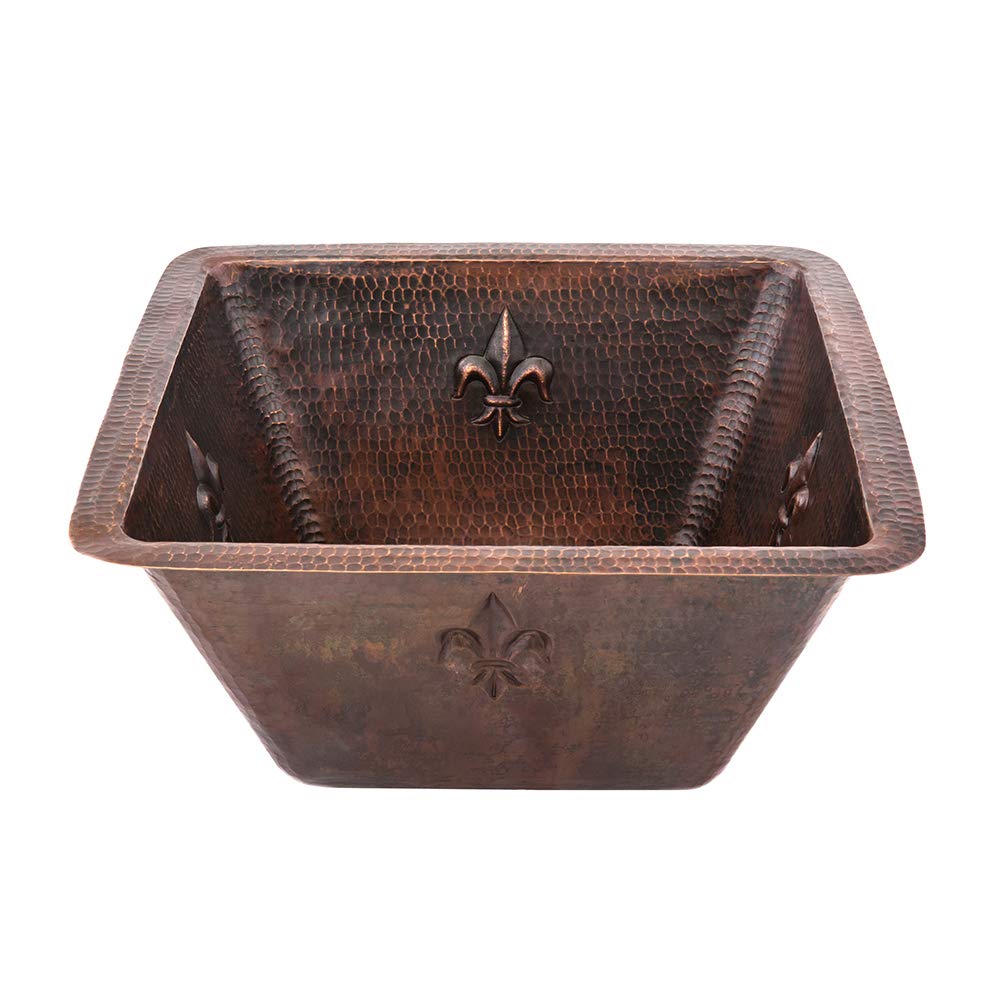 Premier Copper Products BS15FDB2 15-Inch Universal Square Fleur De Lis Hammered Copper Bar Sink with 2-Inch Drain Size, Oil Rubbed Bronze