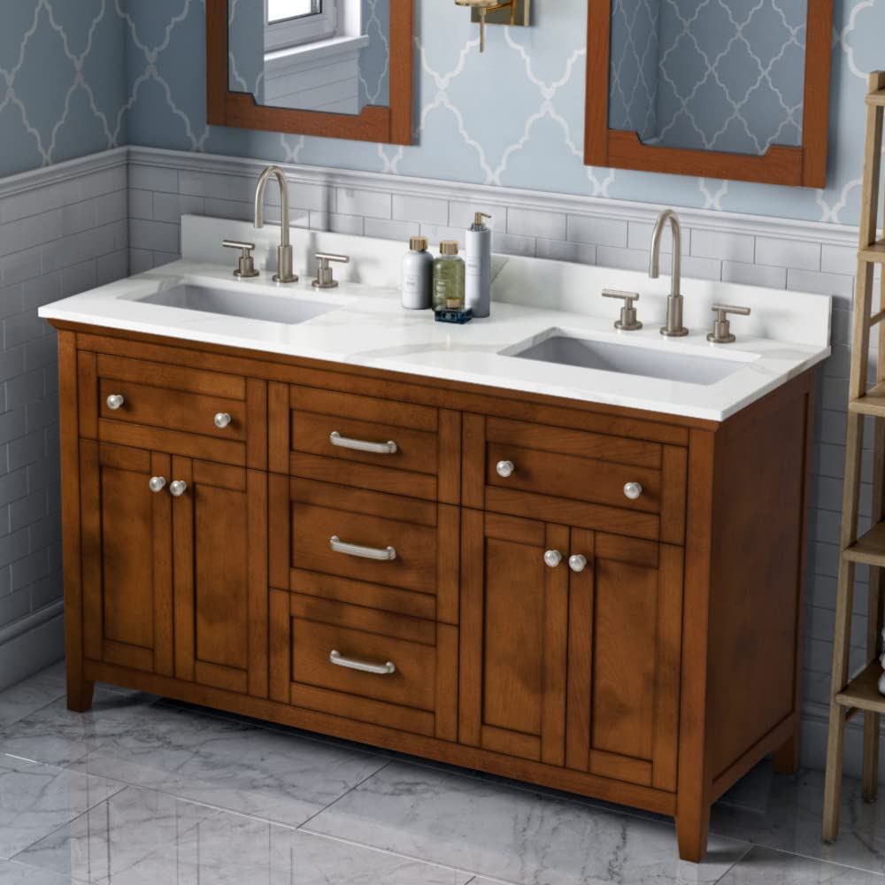 Jeffrey Alexander VKITCHA60CHCQR 60" Chocolate Chatham Vanity, double bowl, Calacatta Vienna Quartz Vanity Top, two undermount rectangle bowls