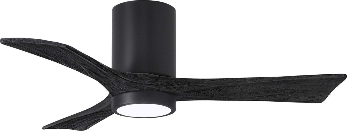Matthews Fan IR3HLK-BK-BK-42 Irene-3HLK three-blade flush mount paddle fan in Matte Black finish with 42” solid matte black wood blades and integrated LED light kit.