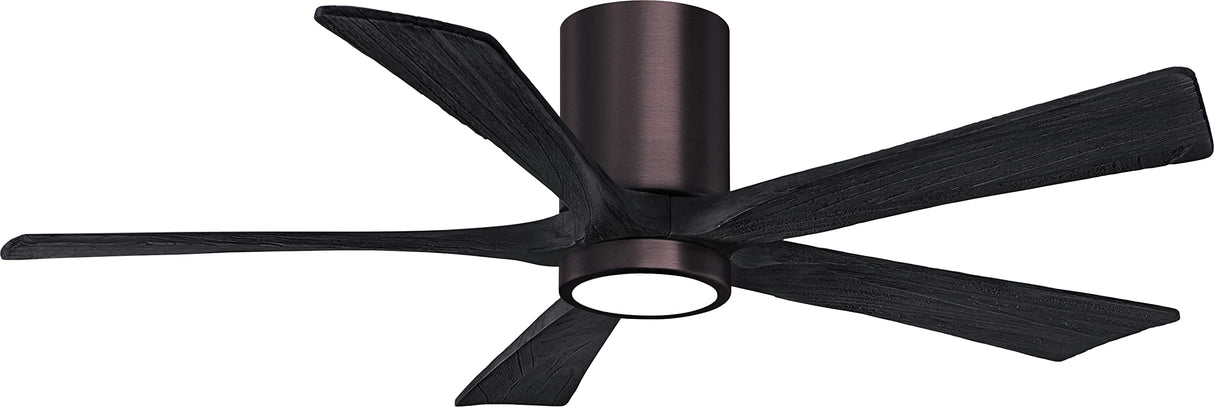 Matthews Fan IR5HLK-BB-BK-52 IR5HLK five-blade flush mount paddle fan in Brushed Bronze finish with 52” solid matte black wood blades and integrated LED light kit.