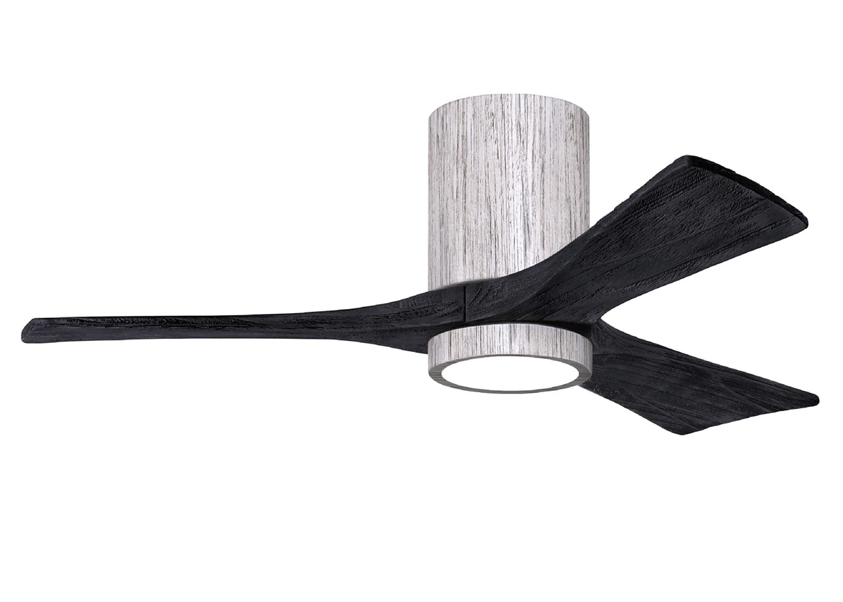 Matthews Fan IR3HLK-BW-BK-42 Irene-3HLK three-blade flush mount paddle fan in Barn Wood finish with 42” solid matte black wood blades and integrated LED light kit.