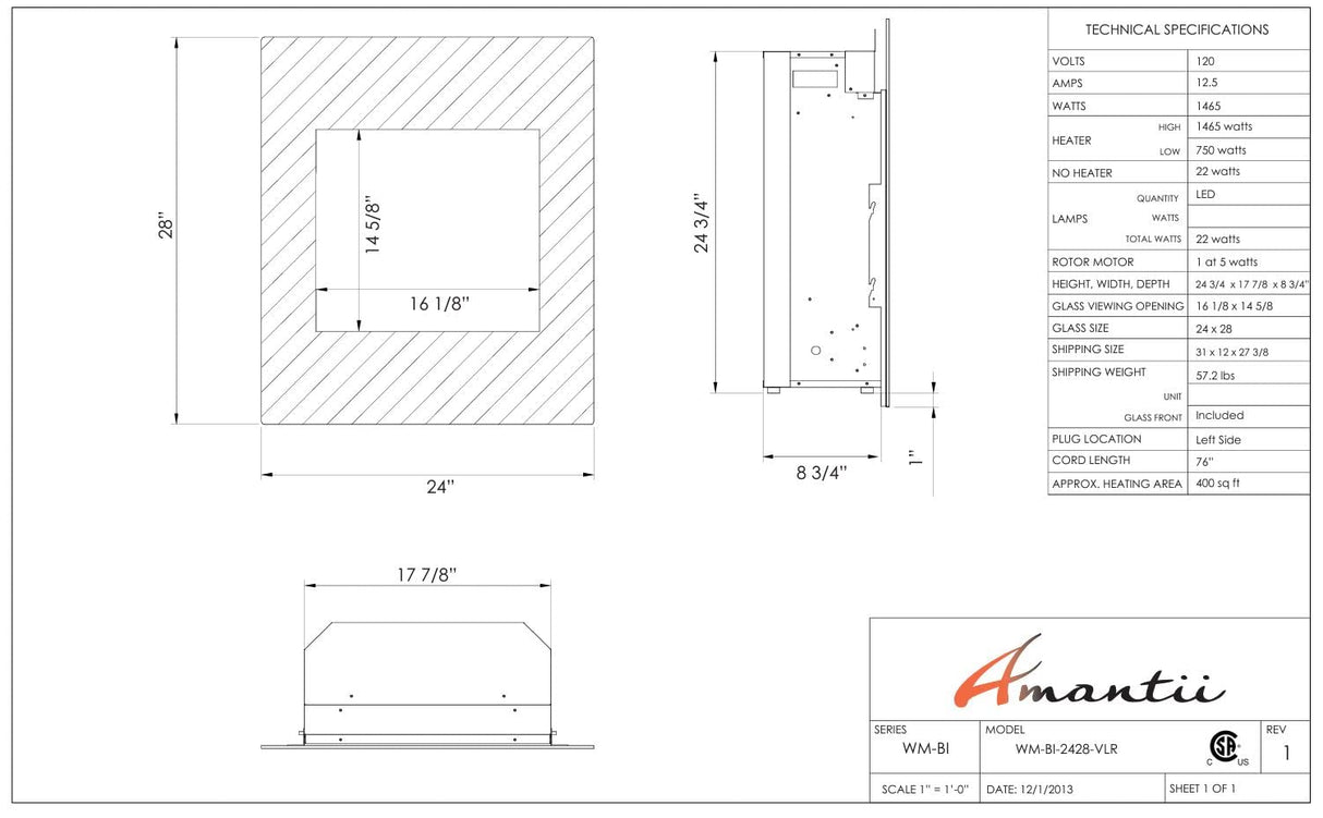 Amantii WM-BI-2428-VLR-BG Wall Mount or Built In Smart Electric, WiFi Enabled Fireplace, includes a Black Glass Surround, MultiFunction Remote Control and Multi Speed Flame Motor, and 7 Piece Oak Log Set and Sable Glass