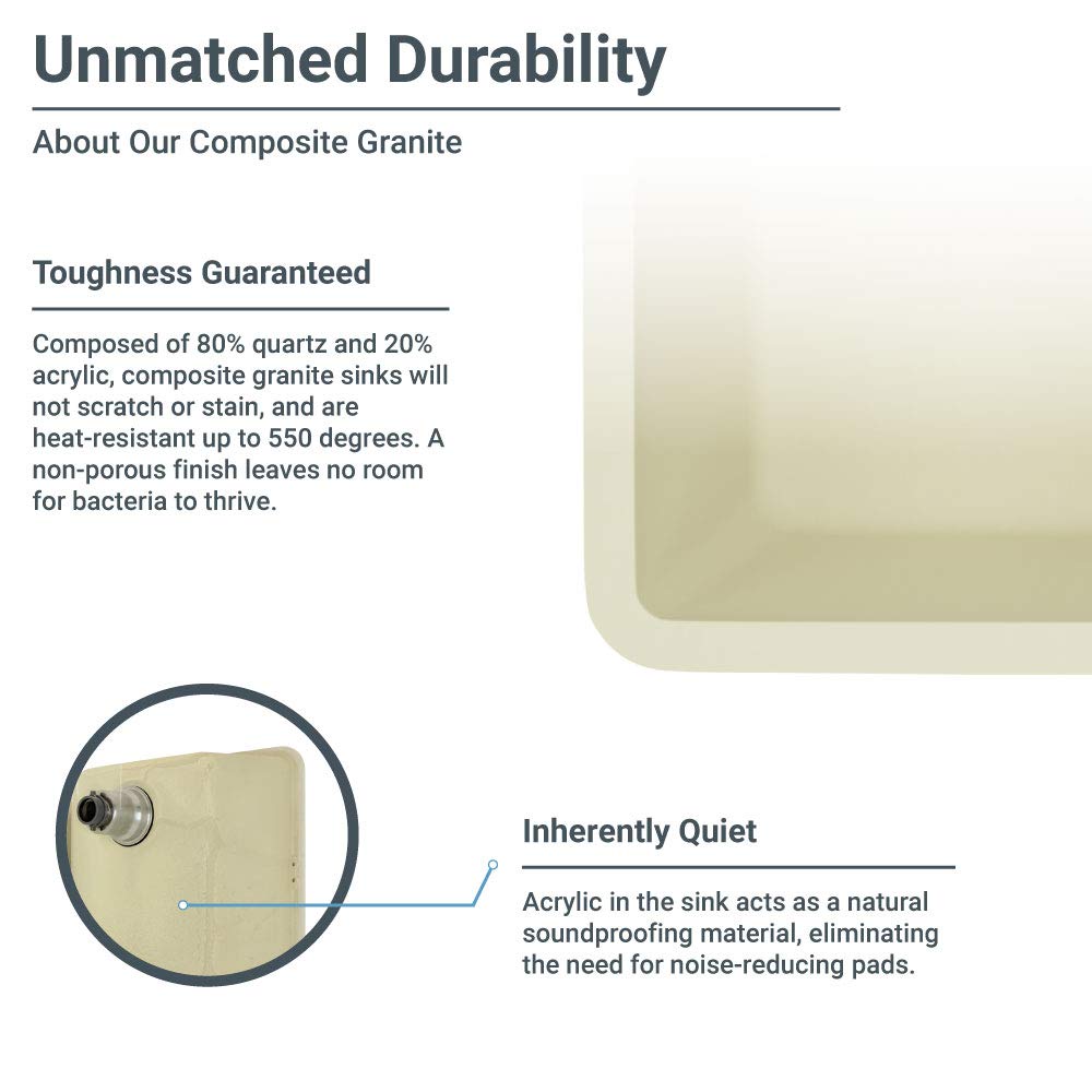 R3-1006-ECR-ST-CGS Ecru Single Bowl Undermount Quartz Granite Kitchen Sink with Grid and Matching Colored Strainer