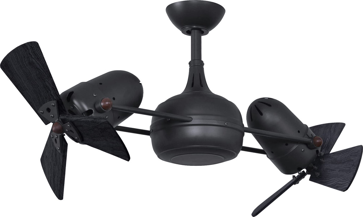 Matthews Fan DG-BK-WDBK Dagny 360° double-headed rotational ceiling fan in Matte Black finish with solid matte black wood blades.