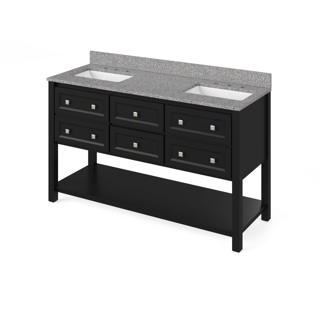 Jeffrey Alexander VKITADL60BKBOR 60" Black Adler Vanity, double bowl, Boulder Cultured Marble Vanity Top, two undermount rectangle bowls