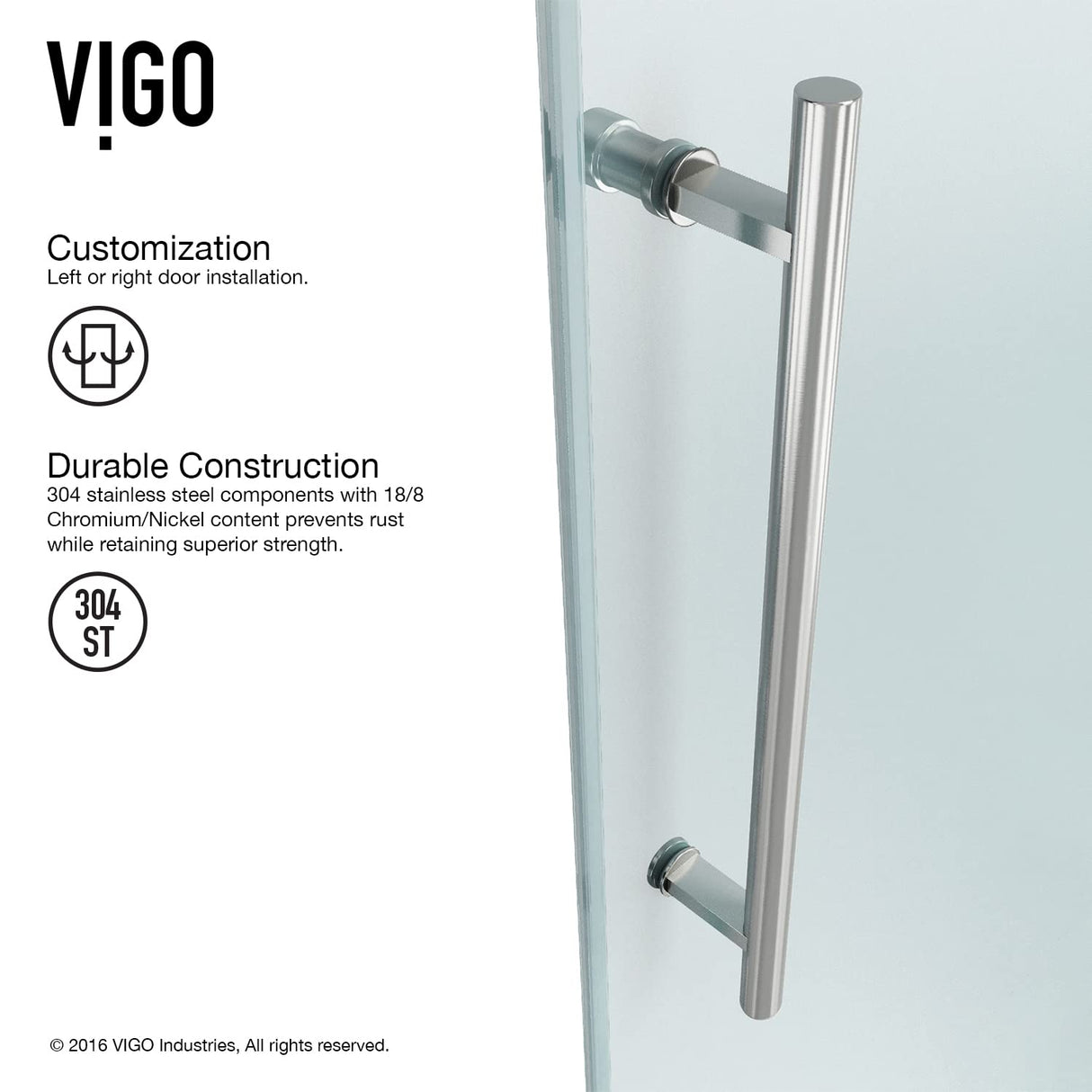 VIGO Adjustable 56 - 60 in. W x 66 in. H Frameless Sliding Rectangle Tub Door with Clear Tempered Glass and Stainless Steel Hardware in Stainless Steel Finish with Reversible Handle - VG6041STCL6066