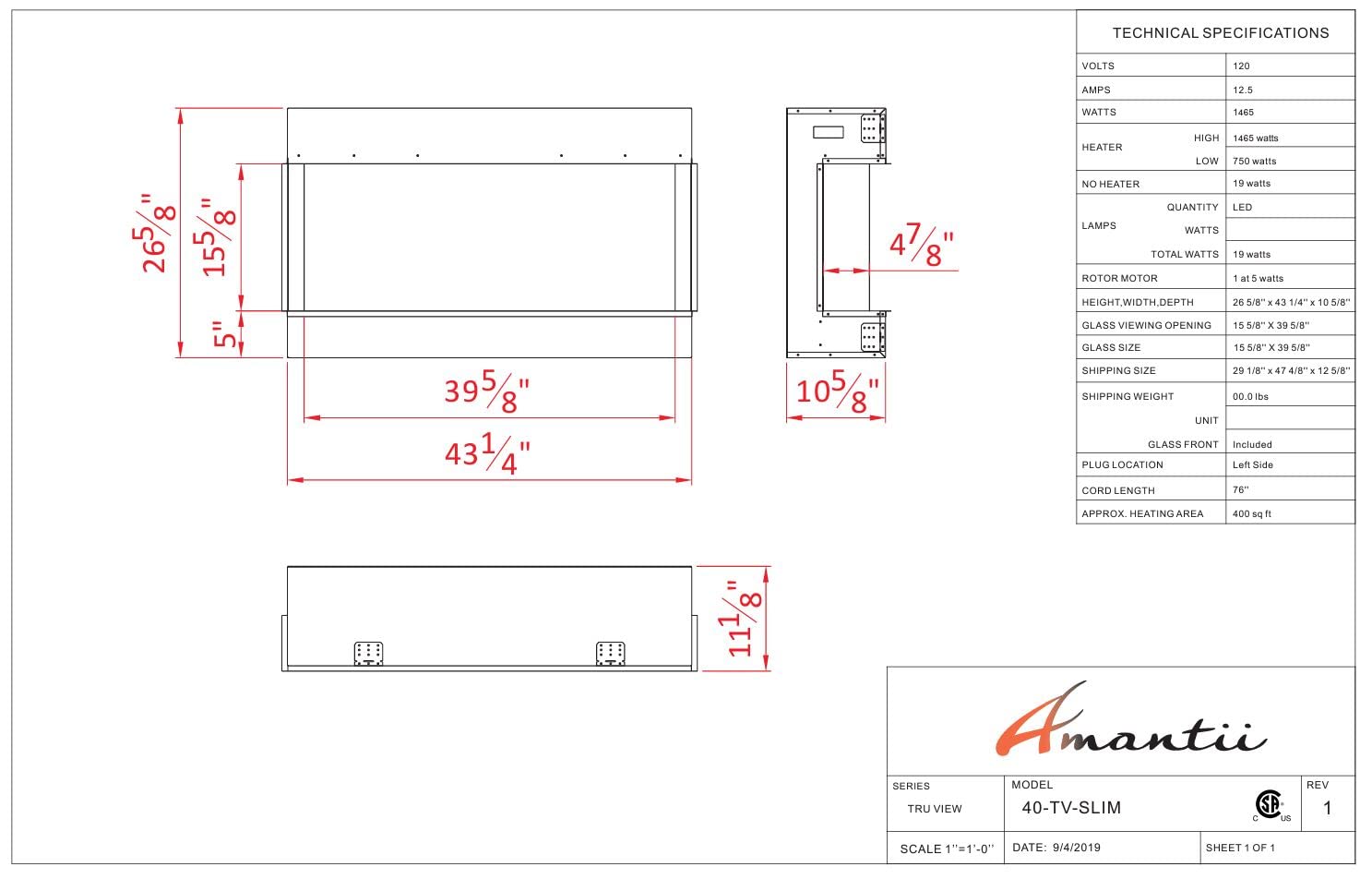 Amantii 40-TRV-SLIM Trv View Slim  - 40" Indoor / Outdoor 3 Sided Electric Fireplace Featuring  10 5/8" Depth