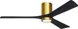 Matthews Fan IR3HLK-BRBR-BK-60 Irene-3HLK three-blade flush mount paddle fan in Brushed Brass finish with 60” solid matte black wood blades and integrated LED light kit.