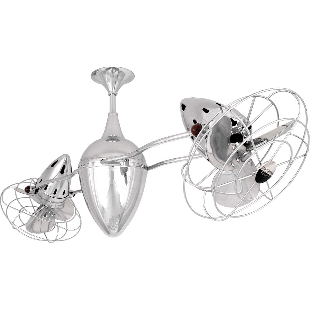 Matthews Fan AR-CR-MTL Ar Ruthiane 360° dual headed rotational ceiling fan in polished chrome finish with metal blades.