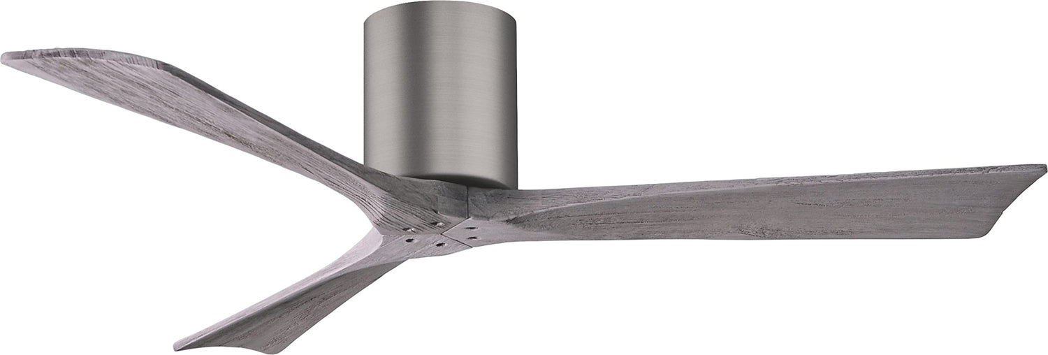 Matthews Fan IR3H-BP-BW-52 Irene-3H three-blade flush mount paddle fan in Brushed Pewter finish with 52” solid barn wood tone blades.