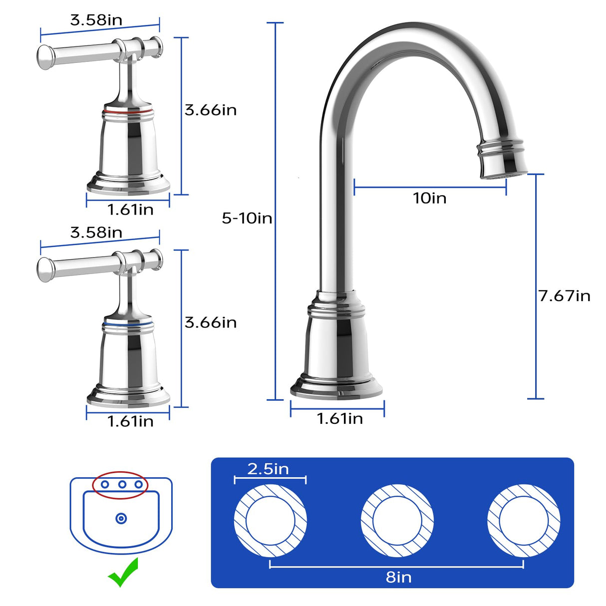 Classical 8 inch Bathroom Faucet, Bathroom faucets for Sink 3 Holes, Widespread Brushed Nickel Bathroom Faucet with Pop Up Drain and cUPC Lead-Free Hose (Brushed Nickel 2 Packs)