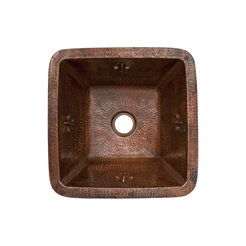 Premier Copper Products BS15FDB2 15-Inch Universal Square Fleur De Lis Hammered Copper Bar Sink with 2-Inch Drain Size, Oil Rubbed Bronze