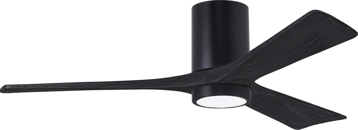 Matthews Fan IR3HLK-BK-BK-52 Irene-3HLK three-blade flush mount paddle fan in Matte Black finish with 52” solid matte black wood blades and integrated LED light kit.