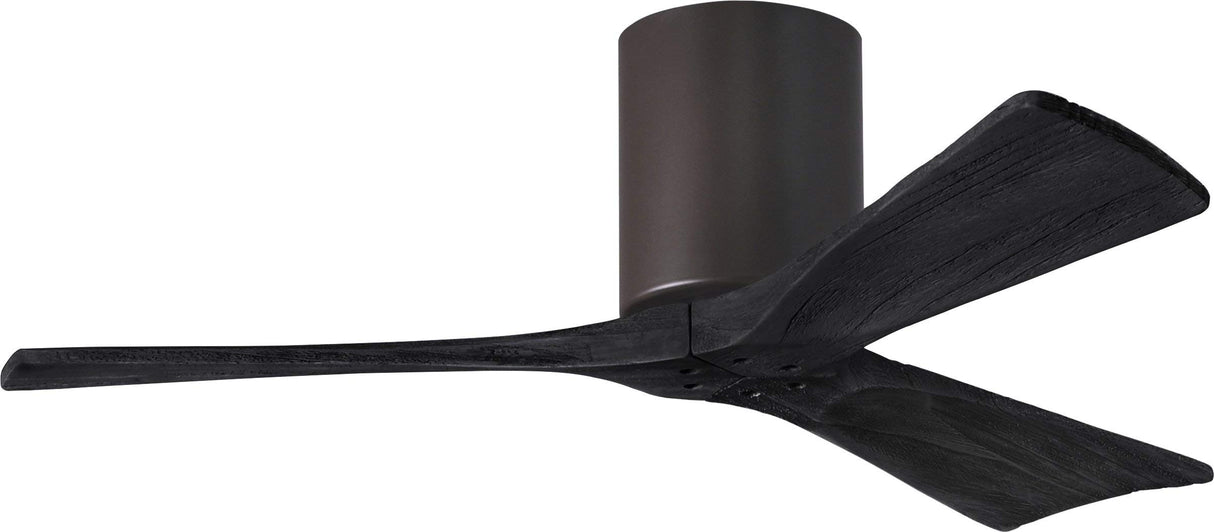 Matthews Fan IR3H-TB-BK-42 Irene-3H three-blade flush mount paddle fan in Textured Bronze finish with 42” solid matte black wood blades. 