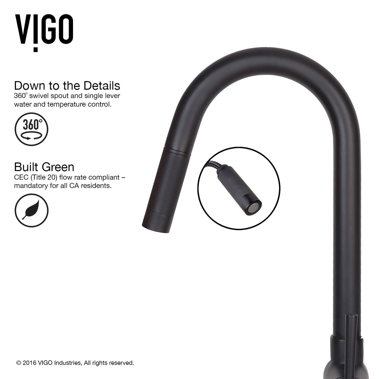 VIGO VG02008MBK1 17" H Gramercy Single-Handle with Pull-Down Sprayer Kitchen Faucet with Deck Plate in Matte Black